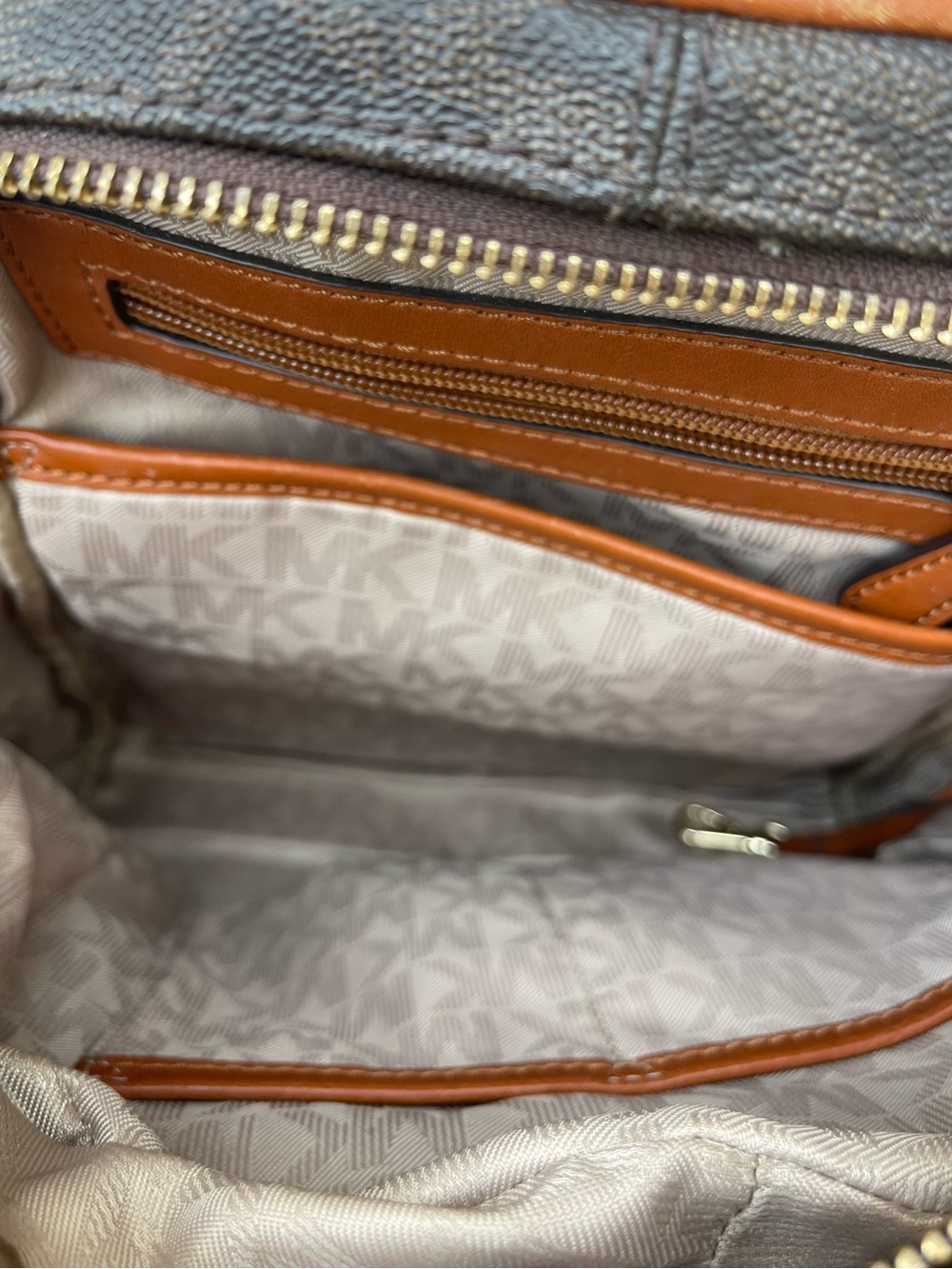 Michael Kors Rhea Medium Backpack Brown Acorn MK Logo Print Gold Zippers - Picture 7 of 7